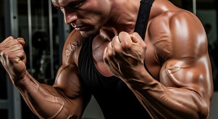Close-up of a very muscular man flexing his biceps and forearms, showing prominent veins during a workout in a gym.