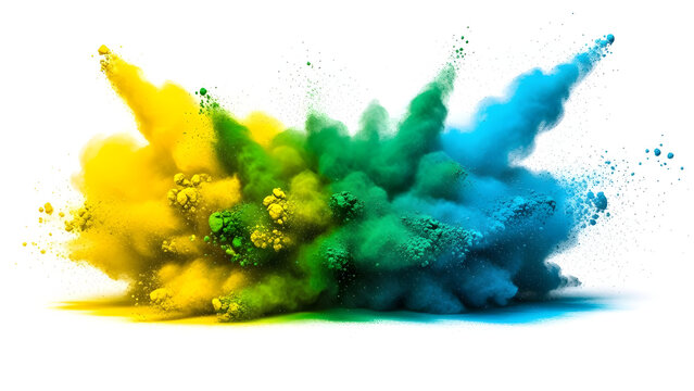 Explosion of vibrant yellow green and blue powder on white background