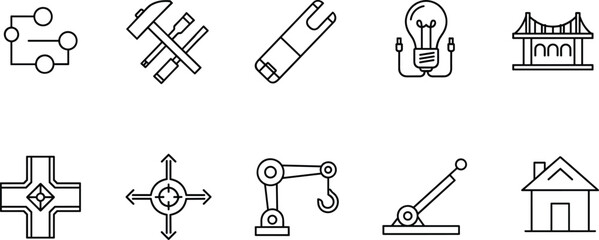 Fototapeta premium engineering, technology, icons, black, white, circuit, tools, battery, innovation, bridge, compass, robotic, arm, lever, house, architecture, gear, lightbulb, survey, automation