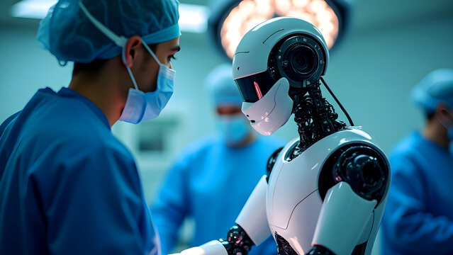 Surgical Robot Assisting Human Doctor in Operating Room: AI in Healthcare, Medical Technology, Future of Surgery, Modern Medicine - Powered by Adobe