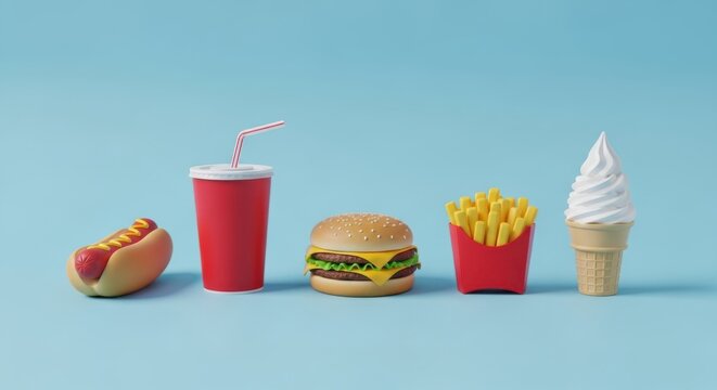 A collection of fast food items arranged on a blue background