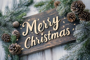 A rustic wooden sign displaying "Merry Christmas" in elegant script, surrounded by pinecones and evergreen branches