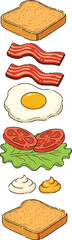 Deconstructed Sandwich Ingredients Infographic. Hand Drawn Bacon, Egg, Tomato, and Toast Vector Illustration.eps