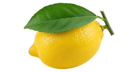 Fresh yellow lemon with green leaf isolated PNG, citrus fruit with stem for healthy eating and refreshing summer drinks on transparent