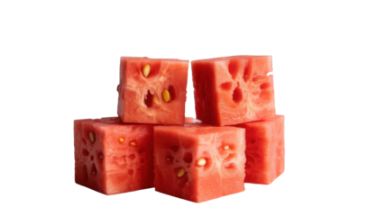 Cubes of seedless watermelon fruit stacked on a transparent background