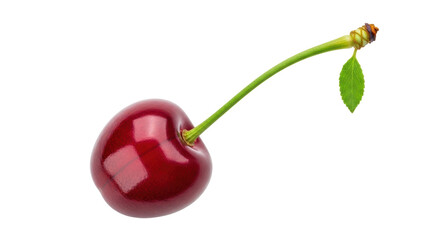 Ripe red cherry isolated PNG on transparent background, fresh fruit with stem and leaf for healthy eating and summer designs