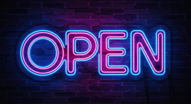 Open neon sign glowing with vibrant blue and pink on brick wall.