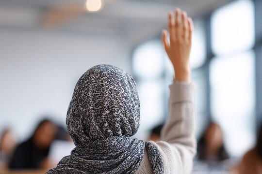 A female student in a patterned hijab raises her hand, engaging with classmates in class
