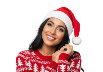 Young woman wearing a christmas sweater and santa hat, isolated on transparent background