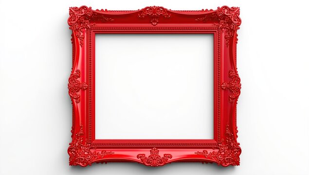 Red antique picture frame with ornate detailing, isolated on a white background