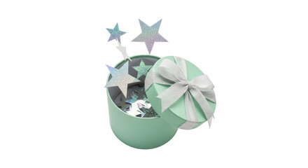 Mint green gift box with silver ribbon and star confetti PNG isolated on transparent background, festive surprise for celebrations
