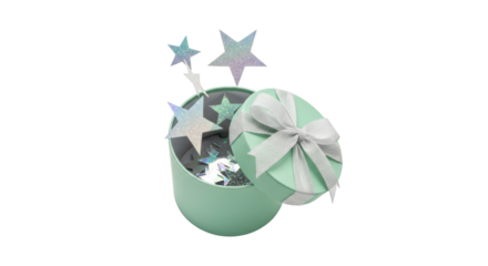 Mint green gift box with silver ribbon and star confetti PNG isolated on transparent background, festive surprise for celebrations