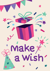 Playful celebratory design featuring exploding present, sparkles and colorful party elements, cheerful birthday vector for invitations and event themes