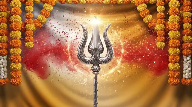 Thaipusam banner video, silver vel shining with halo effect, marigold garlands and kumkum dust animation