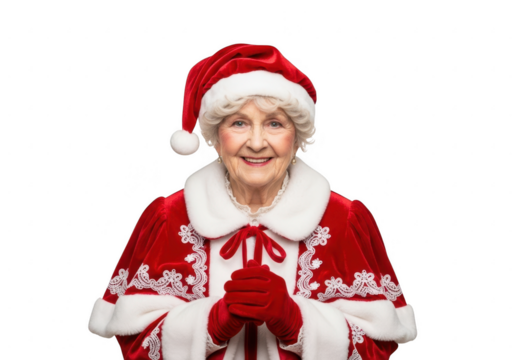 Smiling mrs. claus in red velvet outfit, isolated on transparent background