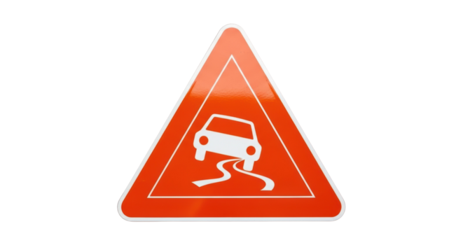 Slippery road sign PNG isolated on transparent background, orange triangle warning symbol for driving safety and caution