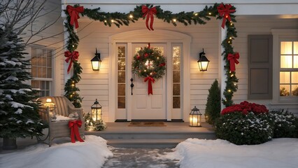 Festive christmas decorations adorn a snowy home entrance