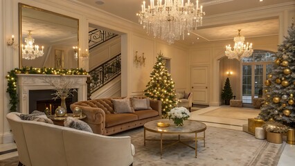 Elegant living room decorated for christmas with fireplace and tree