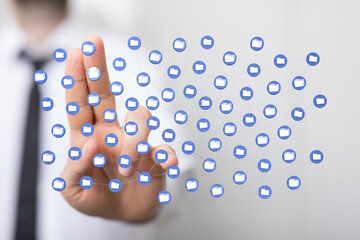 Hand touching digital data network interface. Concept about data storage, cloud computing, big data and future