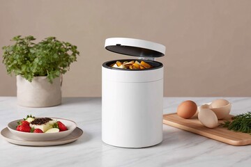 A sleek electric kitchen composter sits on a countertop, featuring an open lid with organic waste inside