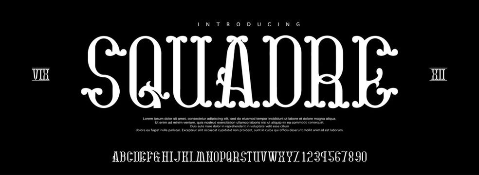 Squadre font is A decorative vintage serif display font with ornamental details and classic European character for bold retro branding.