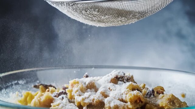 Powdered sugar macro slow-motion shot falling through a metal sifter onto baking ingredients. Food preparation, sweet baking, and fine texture.
