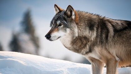 Fototapeta premium Grey Wolf Standing On Snow