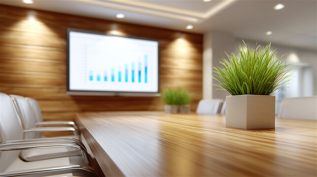 Spacious office interior with large wooden table, digital screen showing analytics and green plant decor, representing productivity, teamwork and modern business environment.