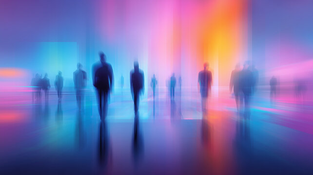 Blue purple business background with blurred silhouettes of people - concept horizontal poster. Business digital photo illustration. 