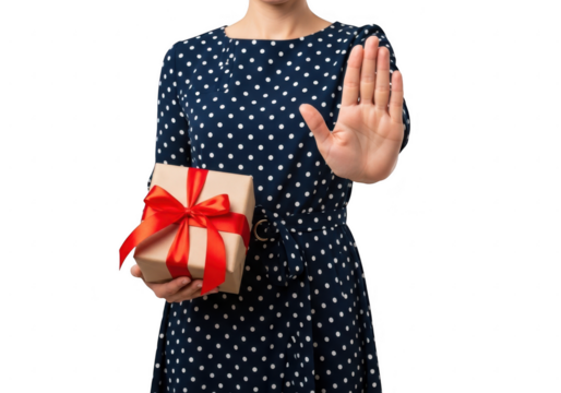 Woman holding a gift box with a stop hand gesture, isolated on transparent background