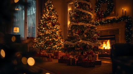 Cozy Christmas Living Room Scene with Two Decorated Trees and a Fireplace.