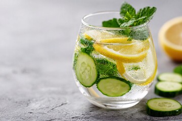 Refreshing cucumber and lemon drink with mint leaves on a gray background