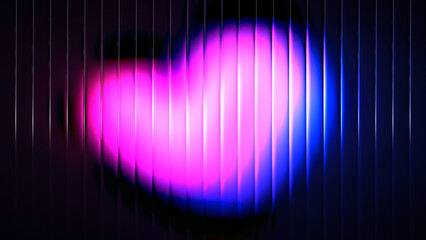 Abstract heart shape with vibrant purple and blue light refracted through vertical glass panels. Love concept for Valentines Day greeting card.