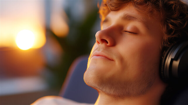 Young man listening to music with headphones while relaxing indoors, showing peaceful emotion, modern digital lifestyle, leisure and sensory enjoyment in warm ambient light. - Powered by Adobe