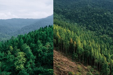 Environmental contrast showing deforestation and lush forest growth