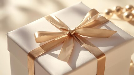 A white gift box with a golden ribbon and bow, with golden beads in the background, suggesting a special occasion or celebration.
