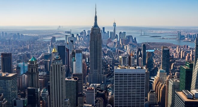 Aerial view of new york city skyline featuring the empire state building and surrounding skyscrapers on a clear day