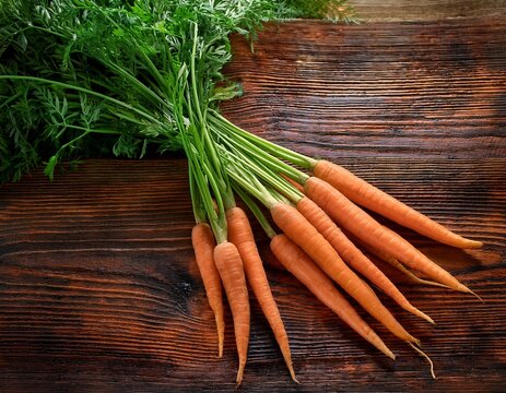 vibrant orange carrots fresh green tops rustic wood table garden farm fresh