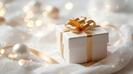 A white gift box with a golden ribbon on soft white fabric surrounded by sparkling bokeh lights, perfect for celebrations.