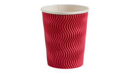 Red corrugated paper coffee cup with ripple texture isolated on transparent background