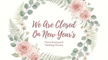 Floral wreath announcement closed on New Year's closed sign, floral wreath, closed sign, new year's, florist, boutique, wedding flowers, announcement, notice, holiday, temporary closure, business hour