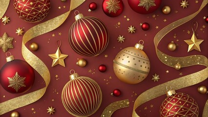 Festive christmas ornaments and ribbons on a rich red background