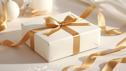A white gift box tied with a golden ribbon, surrounded by more ribbon and soft white elements, suggesting a celebration or special occasion.