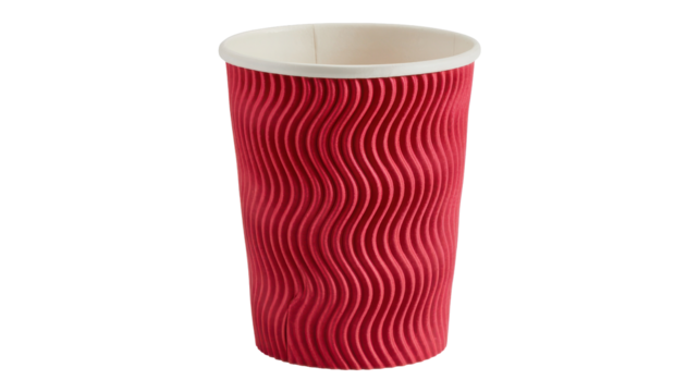 Red corrugated paper coffee cup with ripple texture isolated on transparent background