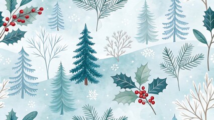 Whimsical winter forest pattern with holly and snowflakes