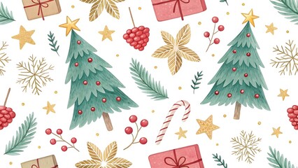 Whimsical christmas pattern with trees gifts and ornaments