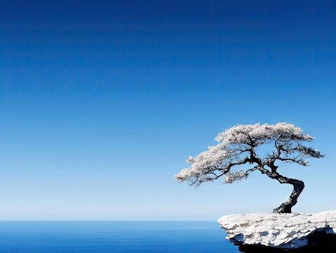 A solitary, windswept pine tree with snow-dusted branches stands on a rocky cliff overlooking a calm, blue ocean. The scene is set against a vast, clear blue sk - Powered by Adobe