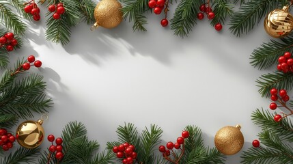 Festive Christmas Frame with Ornaments and Berries.
