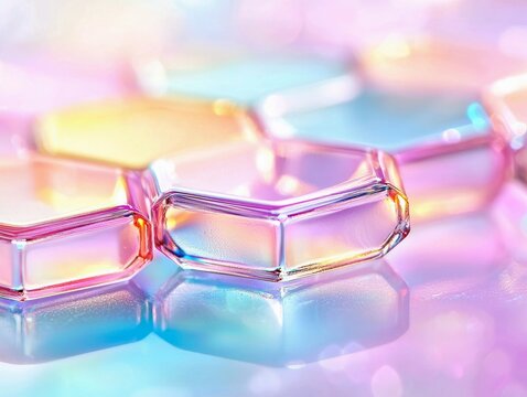 Close-up of translucent hexagonal prism shapes with iridescent pastel colors, reflecting soft bokeh lights, creating a dreamy and ethereal atmosphere.