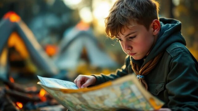 Young caucasian boy reading map near tents in forest camping scene